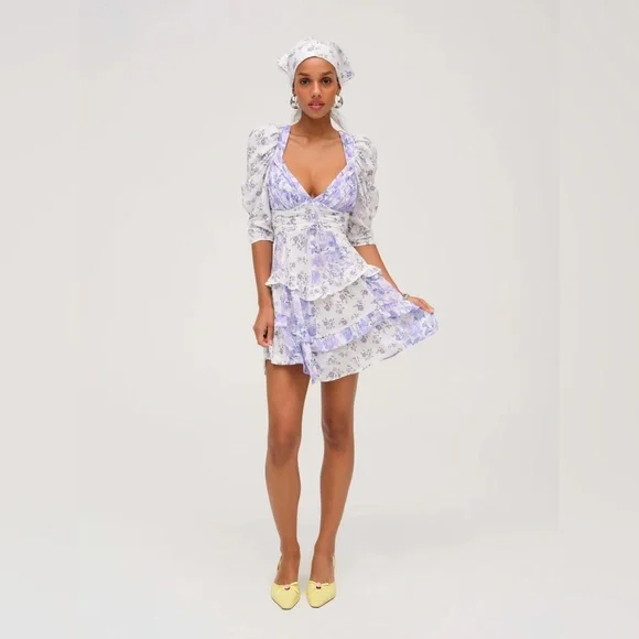 For Love and Lemons Rosalyn Mini Dress Lavender Floral Ruffle Dress Size Small